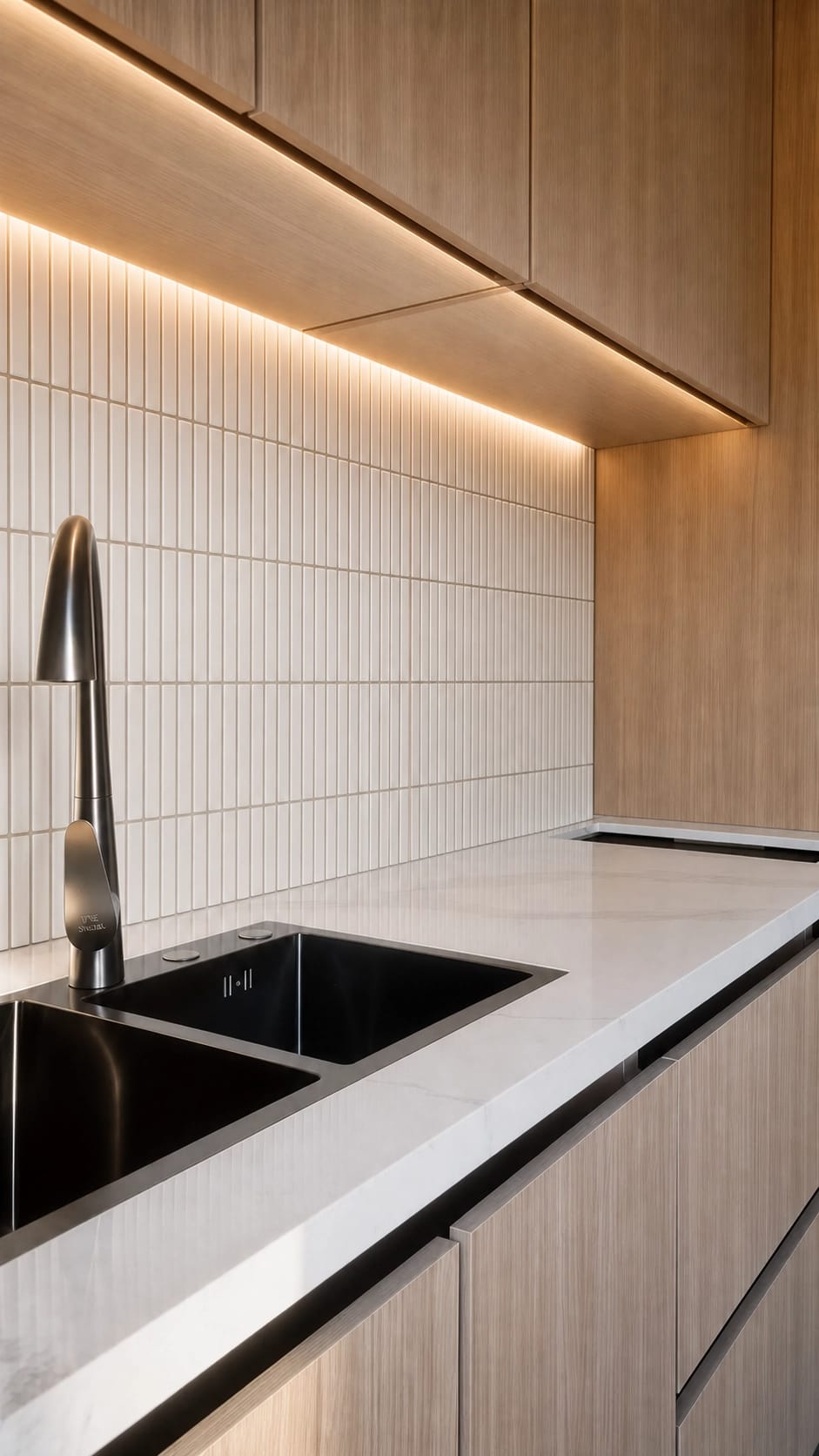 Forge 12 kitchen — oak cabinetry, fluted tile splashback, premium Airbnb-ready fitout