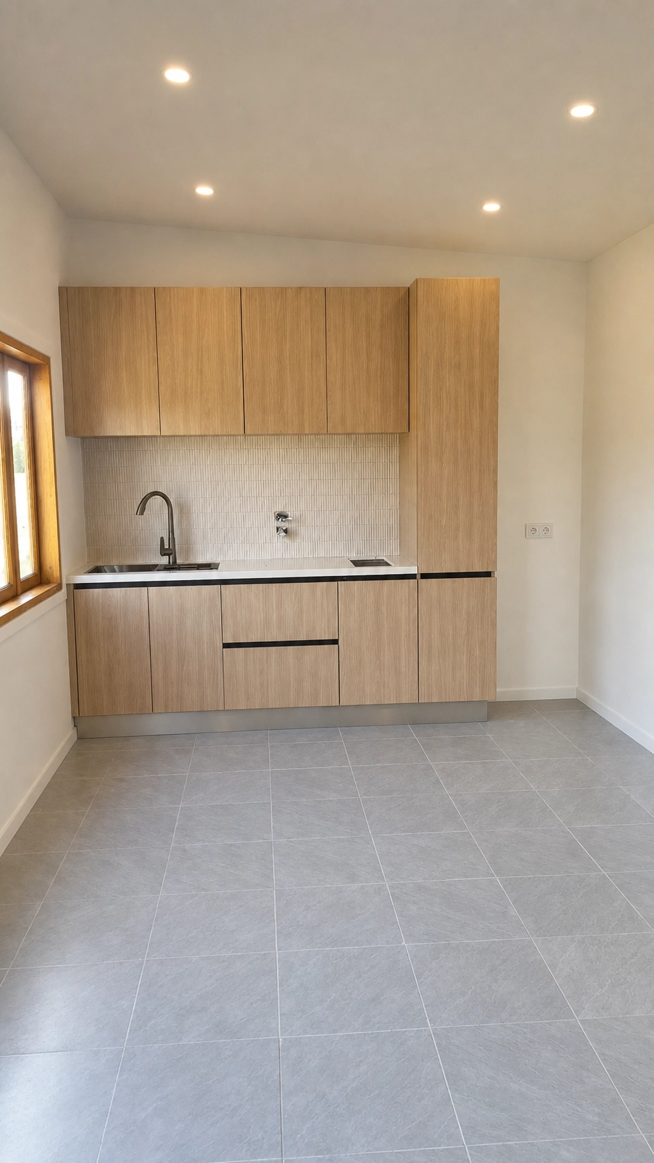 Kitchen — oak cabinetry, fluted tile splashback, quartz benchtop and timber-framed window