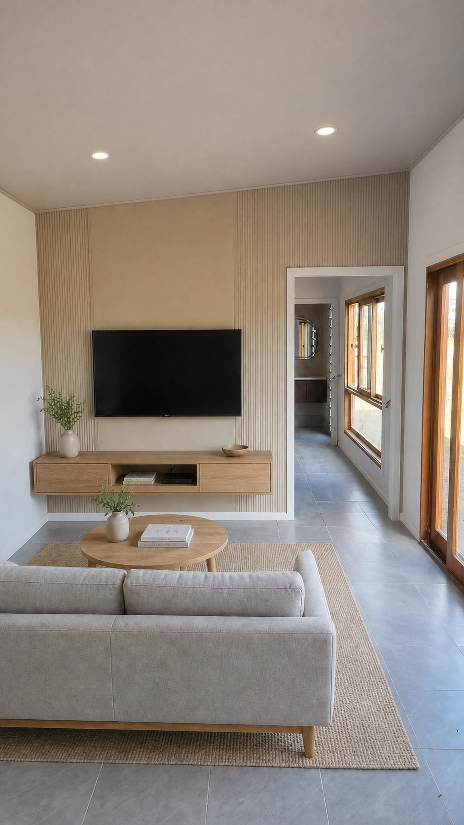 Living room — timber feature wall, floating TV unit and grey sofa