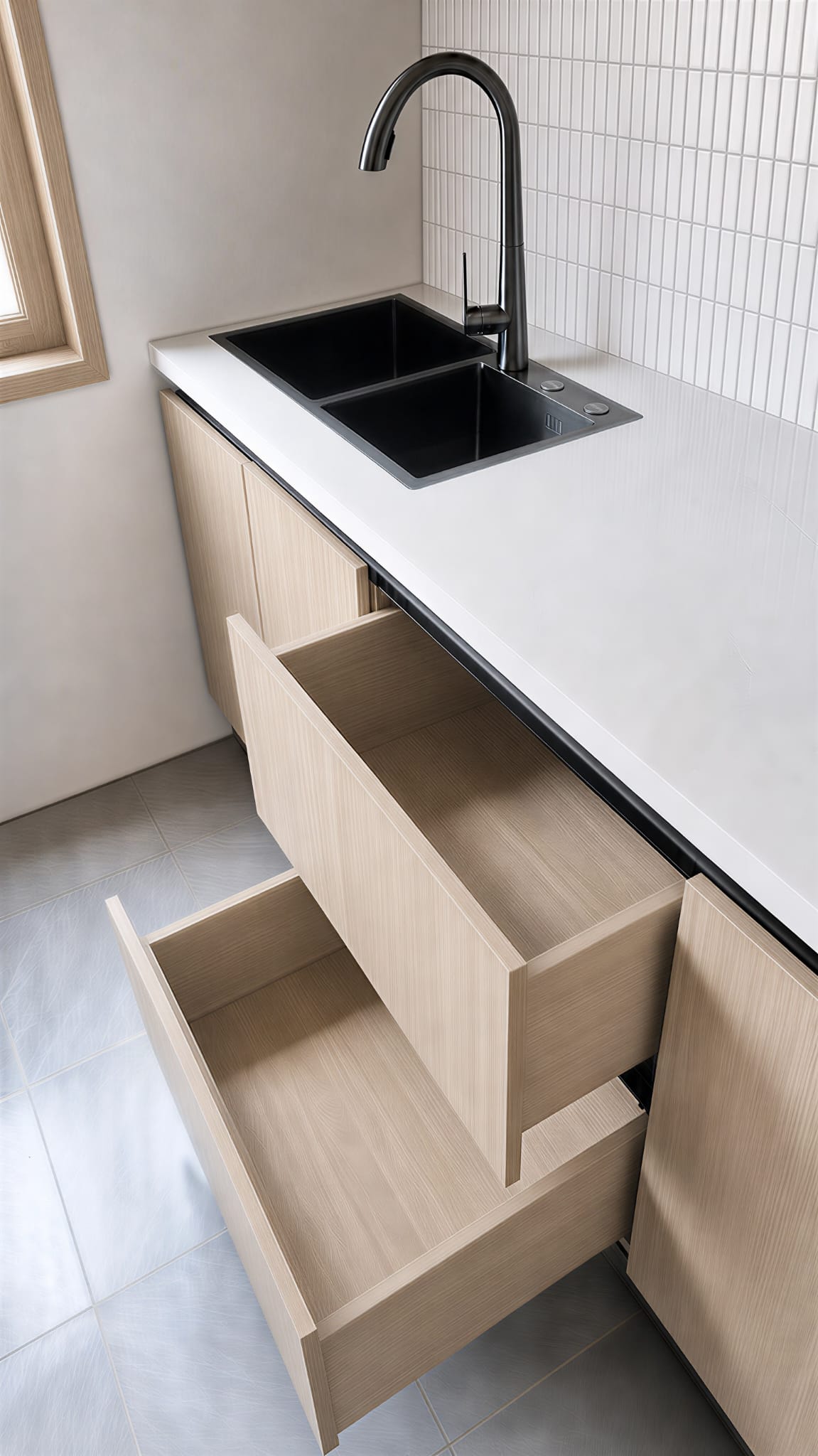 Kitchen joinery detail — soft-close drawers and fluted tile splashback