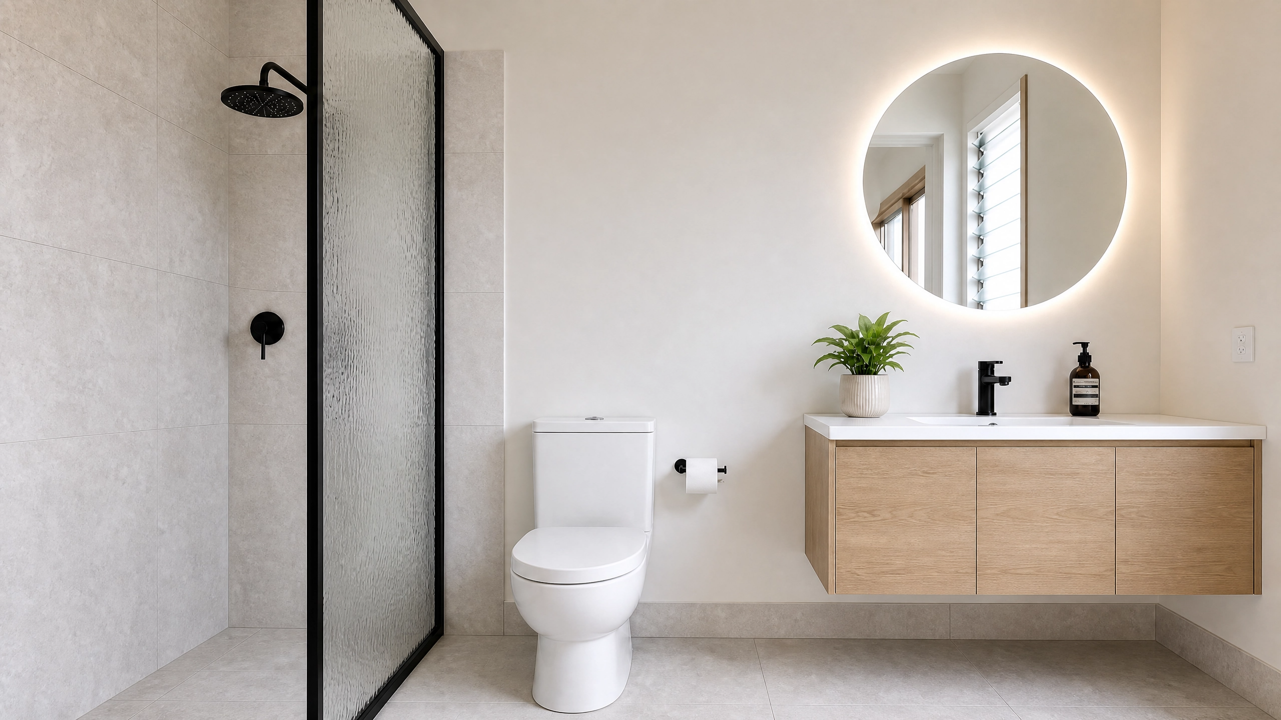 Display home bathroom — walk-in rain shower, floating timber vanity and backlit round mirror